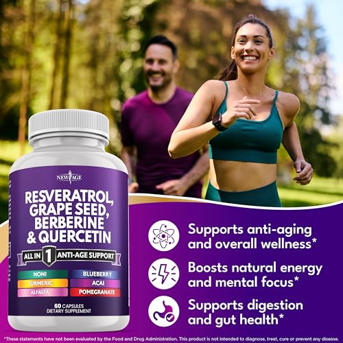 new age resveratrol berberine grape seed extract quercetin polyphenol supplement for women and men with noni extract n-acetyl cysteine acai extract - 120 capsules