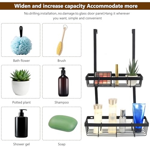 HETYYAEKQ Duschablage ohne Bohren Schwarz, Duschablage zum Hängen Schwarz, Duschregal zum Hängen, Edelstahl Doppelschicht Hängeregal Dusche Regal mit Haken für Badezimmer Zubehör Dusch Organizer