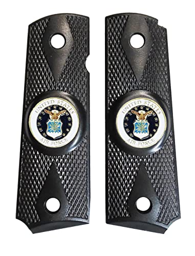 Garrison Grip 1911 Colt Full Size And Clones (Grips Only) With Us Air Force Porcelain Medallion Set In Ebony Black Color Polymer Double Diamond Grips #TOP3