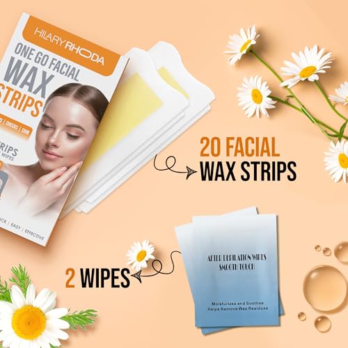 Image of Hilary Rhoda Women One Go Facial Wax Strips | Chamomile Extract | Ready-to-Use for Upper Lip, Chin & Cheeks | Hair Removal Strips with 2 Wipes | Painless, Quick & Gentle Waxing | 20 Strips