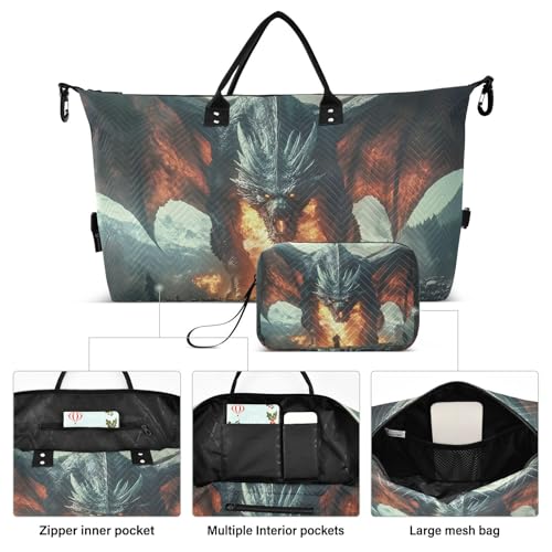 Large Travel Duffel Bag, Dragon Fire Warrior Sport Tote Gym Bags, Shoulder Weekender Overnight Bags for Women Men, Carry On Luggage with Toiletry Bag2