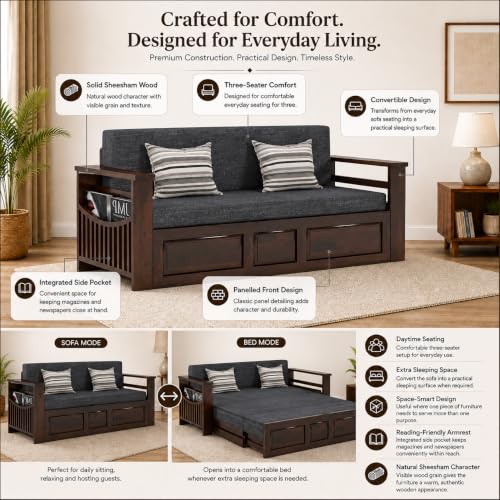 Image of Douceur Furnitures Solid Sheesham Wooden 3 Seater Sofa Cum Bed with Mattress,Cushions & Side Pockets,Wood Foldable Convertible Sofa 3 Seater Diwan Cum Bed for Living Room & Office|Walnut Finish