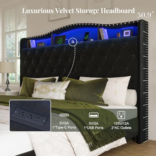 Image of Belffin King Size Bed Frame and Headboard, 50.9 inch Velvet Upholstered Wingback Bedframe with LED Lights & Storage /Charging Station, Button Tufted Tall Footboard, No Box Spring Needed, Noise-Free, Black