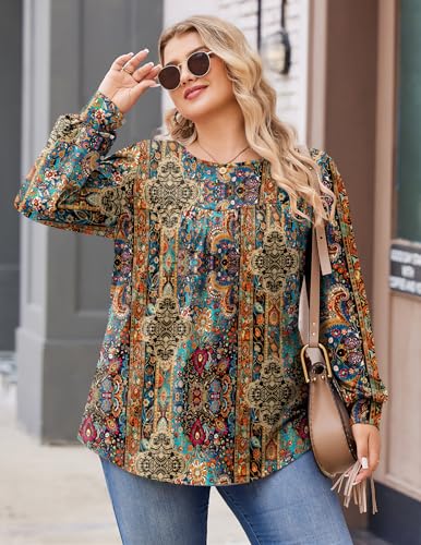 IN'VOLAND Womens Plus Size Tops Long Sleeve Shirts Crew Neck Flowy Tunic Fall Casual Loose Blouse 1X-5X3