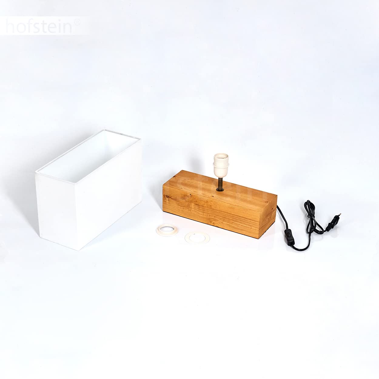 Lampada da tavolo Ginevra, lampada da comodino in legno/tessuto in bianco/natura, 1 luce, in design scandinavo, 1 x E27, lunghezza 30 cm, lampada con interruttore on/off sul cavo, senza lampadina/e