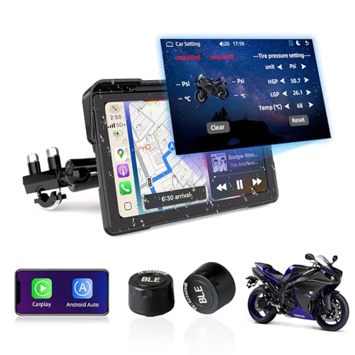 Image of 2026 7 Inch Carplay for Motorcycle with TPMS Apple CarPlay | Android Auto GPS Navigation, Voice Control, IP67 Waterproof, Brightness Adjustment, Screen Lock PIN, Bluetooth