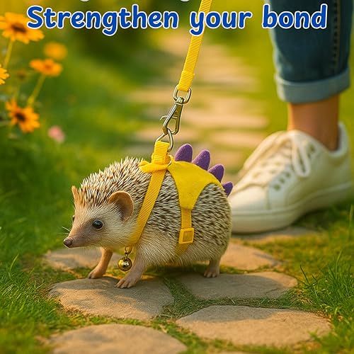 Image of Adjustable Hedgehog Leash and Harness with Safe Bell, Dinosaur Shaped Harness Leash for Training Playing, Hamster Clothes for Ferret Guinea Pig Hamster, Hedgehog Accessories (Yellow)