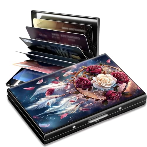 SROJDHFJB Metal Credit Card Holder RFID Blocking, Rose Dreamcatcher Slim Mini Aluminum Wallet Hard Case for Men & Women, Small Business Card Case Card Organizer Case Holds 12 Cards & Bills