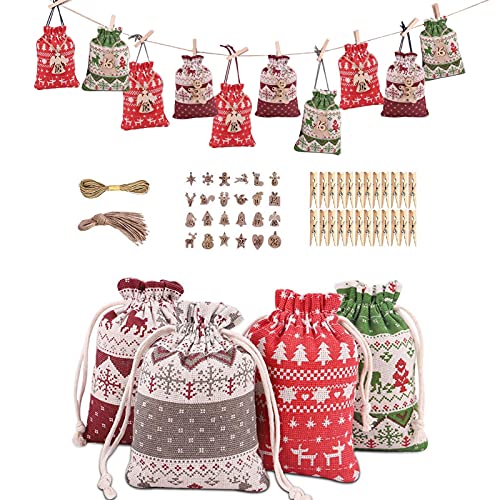 Foway Sacs Calendrier De L'Avent De Noël Sacs À Cordon en Toile De Jute De Noël avec Corde Et Clip Pochette Calendrier De Lavent Calendrier De Noël Sacs À DIY pour Les Décorations De Noël Cover