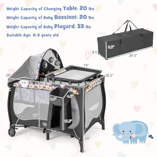 Image of BABY JOY 4 in 1 Pack and Play, Portable Baby Playard with Bassinet, Adjustable Canopy, Changing Table, Lockable Wheels, Music Box, Travel Baby Crib Bassinet from Newborn to Toddler