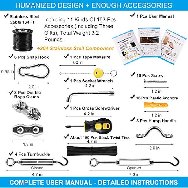 String Light Hanging Kit,Guide Wire for Outdoor String Lights, Shade sail Hardware kit,with 164 Ft Nylon Coated Stainless Steel 304 Wire Rope