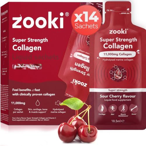 Zooki 11 000mg Super Strength Marine Collagen Liquid Sachets | Hydrolysed Peptides | Ultimate Skin Hair Nails Joints Bones & Muscles Support (Sour Cherry Flavour 14 Servings)