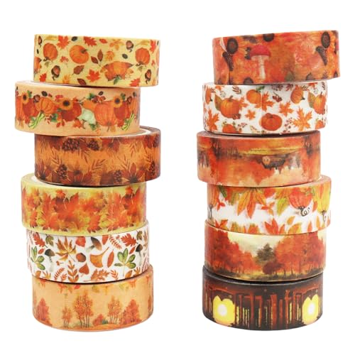hhdatc 12 Rolls Autumn Foil Washi Tape Thanksgiving Maple Leaves Pumpkin Autumn Washi Tape Gift Wrapping Tape for DIY Arts Crafts