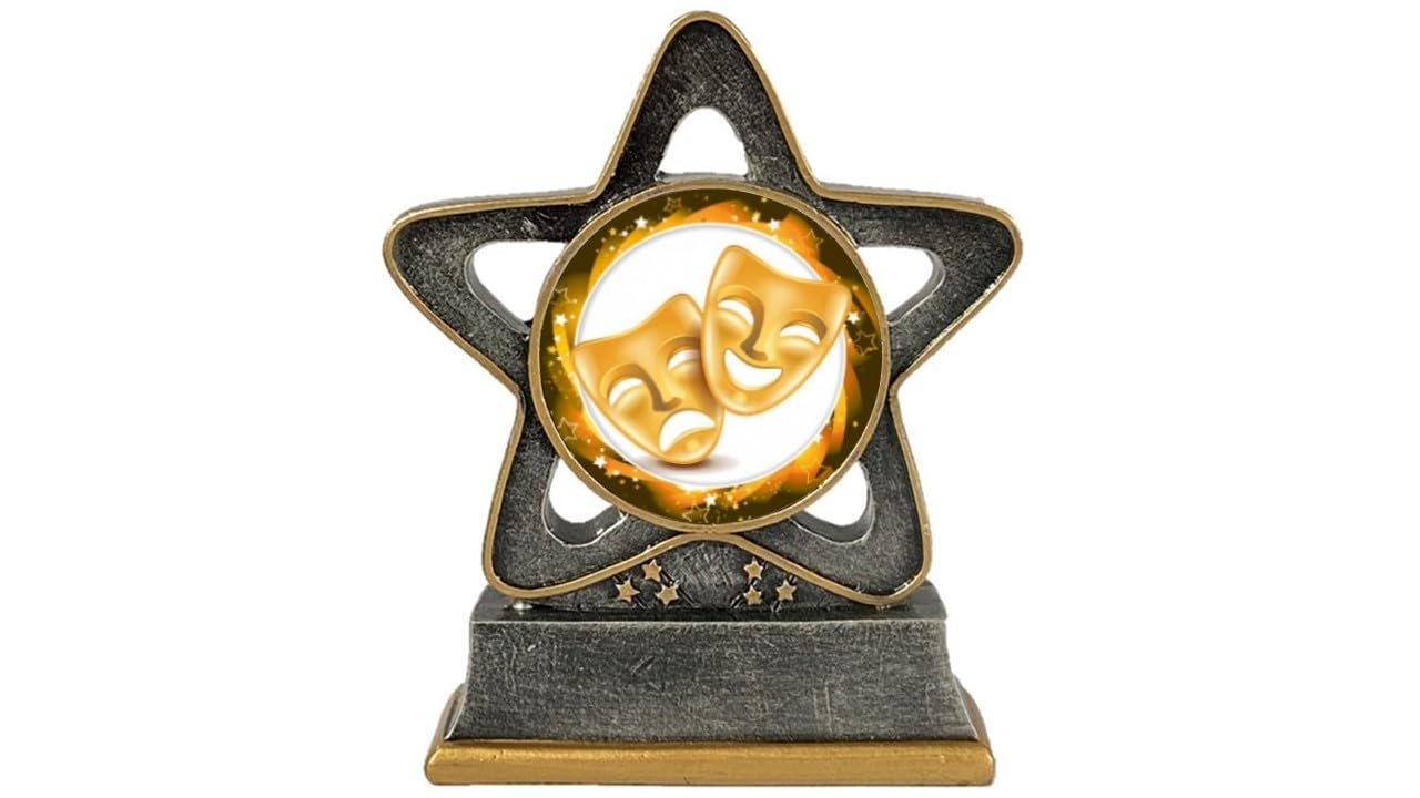 TroShow Drama Trophy Star 120mm Antique Silver and Gold Resin Award Drama Masks Stage Free Engraving RST005AS-CL