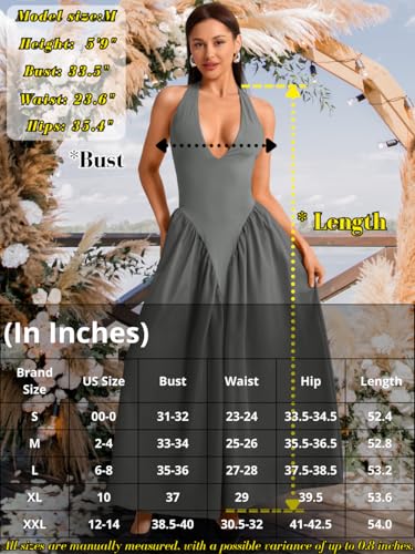 Image of ChiaoLezhee Deep V Neck Dress, Halter Maxi Dresses, Vacation Date Night, Sexy for Women Corset Flowy Wedding Guest Drop Waist