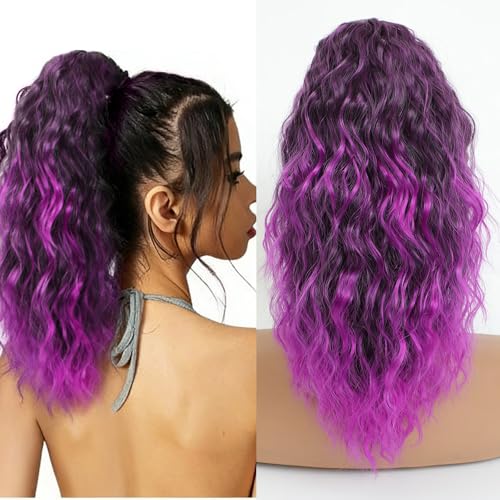 Image of Claw Clip Ponytail Extension 16In Long Wavy Curly Hair,Ombre Purple