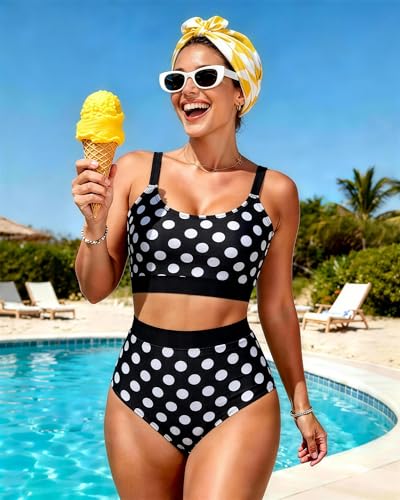 Image of Womens High Waisted Bikini Sets Sporty Crop Top Color Block Swimwear Bandeau Scoop Neck Vintage Two Piece Bathing Suits