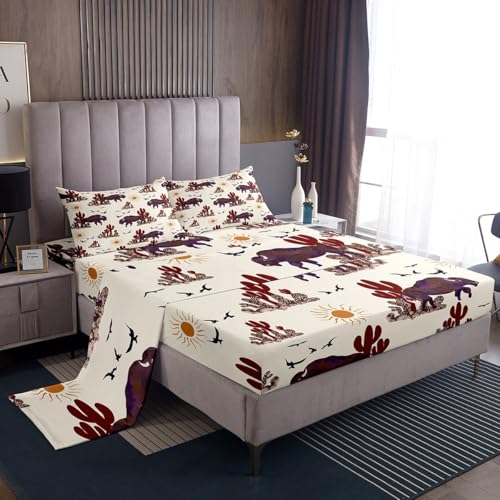 Feelyou Full Size Western Bedding Sets Buffalo Ranch North American Bisons Fitted Sheet Rustic Country Cabin Southwestern Animal Bed Sheets Kids Boys Brown Cream Farmhouse Sheets Set