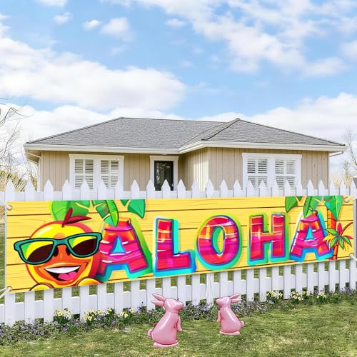 Image of Aloha Tropical Party Banner 78.7 x 17.7 Inch Colorful Letters with Pineapple Palm and Sunglasses Design Summer Luau Decoration for Yard Garden Wall or Indoor Celebration Display