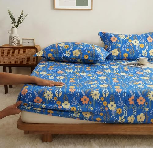 Image of BSB HOME 280 TC 100% Cotton Bedsheet with Pillow Covers, Soft Breathable Premium Fabric, Skin-Friendly Floral Printed Double Bed Sheet, Durable & All-Season Comfort - 72 x 78 +14 Inches (Blue Rust)