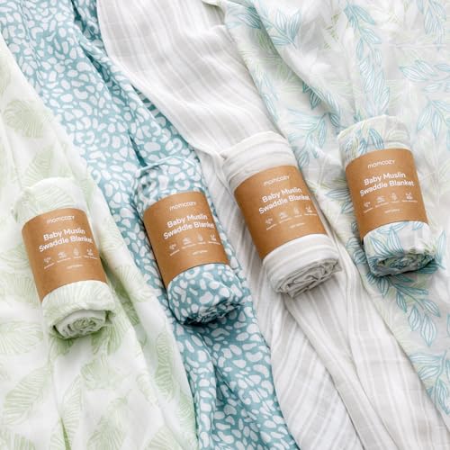Image of Momcozy Muslin Swaddle Blankets, 4 Pack, Ultra Soft, Neutral Matching, Breathable 2-Layer Gauze Large 47'' x 47'' Baby Swaddling Receiving Blanket Wraps for Newborn Boys Girls, Leaves