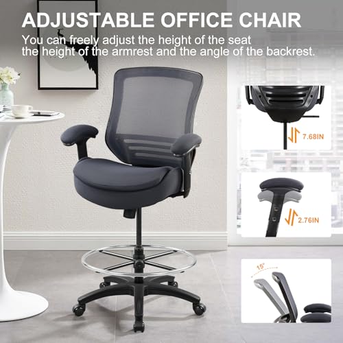 Image of 400lbs Wide Mid-Back Office Drafting Chair with Extra Seat Cushion for High Standing Desk with Lumbar Support and Enlarged Adjustable Footring(Gray)
