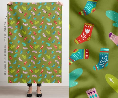 Image of Soimoi Green Cotton Canvas Fabric Socks & Gloves Folk Art Print Fabric by Meter 56 Inch Wide