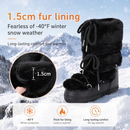Image of ZHENAIYISHENG Faux Fur Boots for Women - Fuzzy Fluffy Furry Water Resistant Snow Boots for Women - Anti-Slip with Cotton Sponge Lined and TPR Rubber Sole Black White Fur Boots