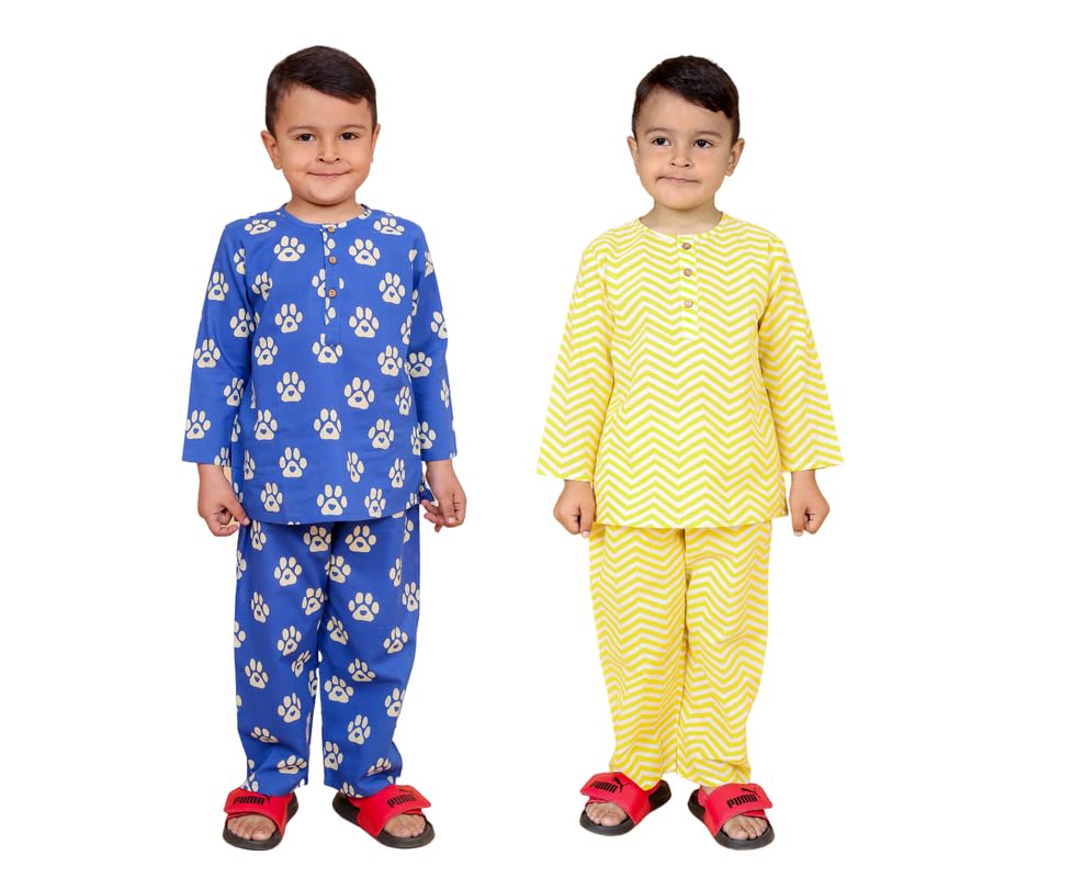 Image of Boys Cotton Night Suit | Jaipur Handblock Print Pajama Set for Kids | Boys Sleepwear | Kids Pajama Set | Baby & Toddler Sleep Suit | Combo Pack of 2