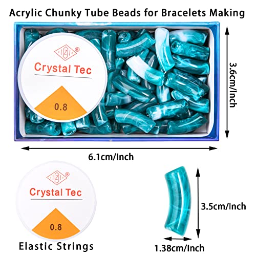 72 Pcs Acrylic Chunky Tube Beads For Bracelets Making Peacock Blue Colors Curved Bamboo Tube Beads Chunky Noodle Beads And Elastic Strings For Diy Jewelry Making #TOP4