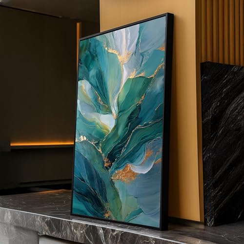 Tableau abstrait turquoise et feuille d'or, toile contemporaine de haute qualité 70x100 cm