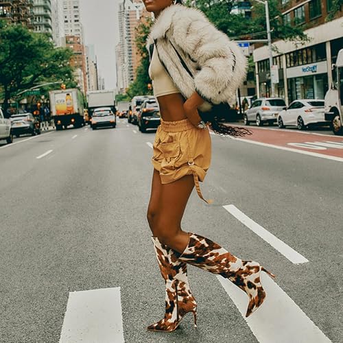 DOEYG Brown Cow Animal Print Knee High Boots for Women Pointed Toe Heeled Stiletto Boots Dressy Fashion Tall Boot with Side Zipper3