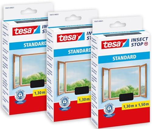 tesa Insect Stop Zanzariere Attacca & Stacca STANDARD per Finestre - Zanzariera Adesiva - Rete per Zanzariera Regolabile a Piacere - Antracite, 3x 130 cm x 150 cm