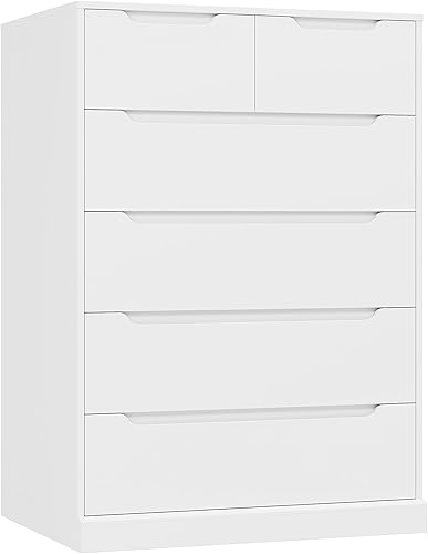 HOSTACK Cómoda moderna de 6 cajones para dormitorio, cómoda alta con almacenamiento, organizador grande de madera con asa recortada, armario de