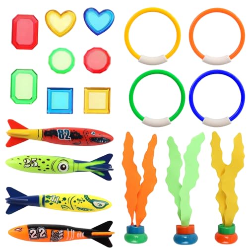 Puhzamey Juego de juguetes de buceo para niños, 19 unidades, juguete de buceo subacuático, torpedo de buceo, juguete de algas y joyas de buceo, juguete para niños y niñas a partir de 4 años