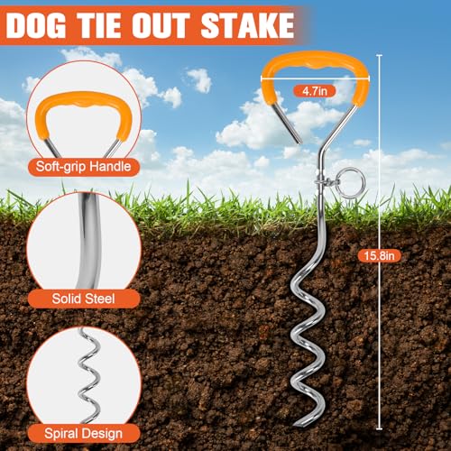 Image of Mihachi Dog Tie Out Stake and Long Dog Leash, Reflective Recall Training Lead Leash with Removable Handle,15.8in Ground Stake,Ideal for Yard,Camping and Beach, Suitable for Medium Dogs,Orange 15FT