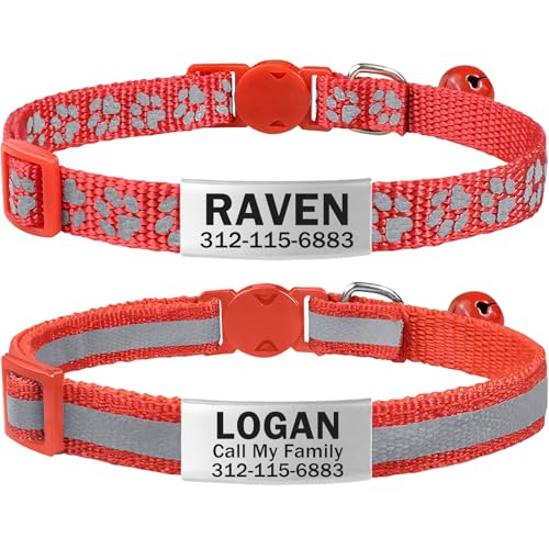 TagME 2er Pack Katzenhalsband mit Namen und Telefonnummer, Katzenhalsband mit Sicherheitsverschluss und glöckchen, 18-31 cm für Katzen, Rot
