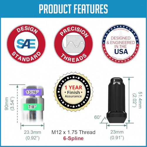 Image of Wheel Accessories Parts 20 Pcs M12x1.75 12x1.75 Thread Truck 2.00 inch Long Spline Lug Nuts Black 6 Spline Hex Fits Ford F150 Expedition Lincoln Navigator