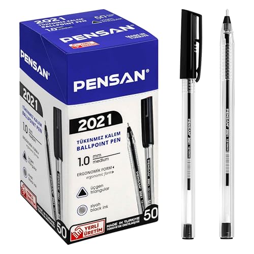 Image of PENSAN Black Ballpoint Pens,1.0 mm Medium Point, Black Pens, Ergonomic Triangle Grip, 50-Count Pack of Bulk Pens
