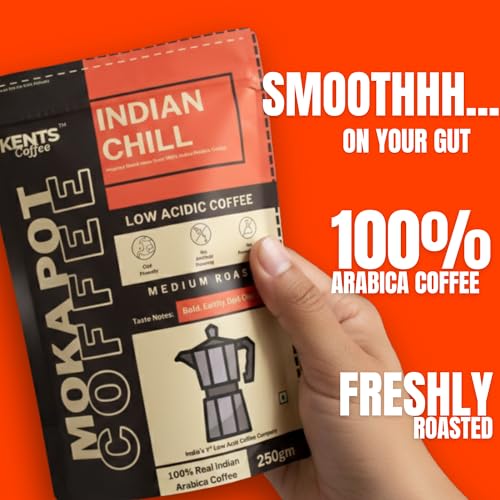 Image of Kents Coffee Indian Chill - Medium Roast | LOW ACIDIC COFFEE | FOR MOKA POT, DRIP MACHINE, AEROPRESS, SOUTH INDIAN FILTER | Medium Fine Grind | 100% Arabica Coffee | Earthy, Dark Chocolate Notes | Chikmagalur Single Estate | Washed Arabica Beans | 200gm
