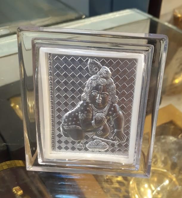 Image of 999 Silver Bal Gopal Photo Frame for Naming & Blessing Ceremony | Laddu Gopal, Krishna Kanhaiya & Nandlal Divine Tasveer for Return Gift, Housewarming & Festive Gift- 11x9x4 CM
