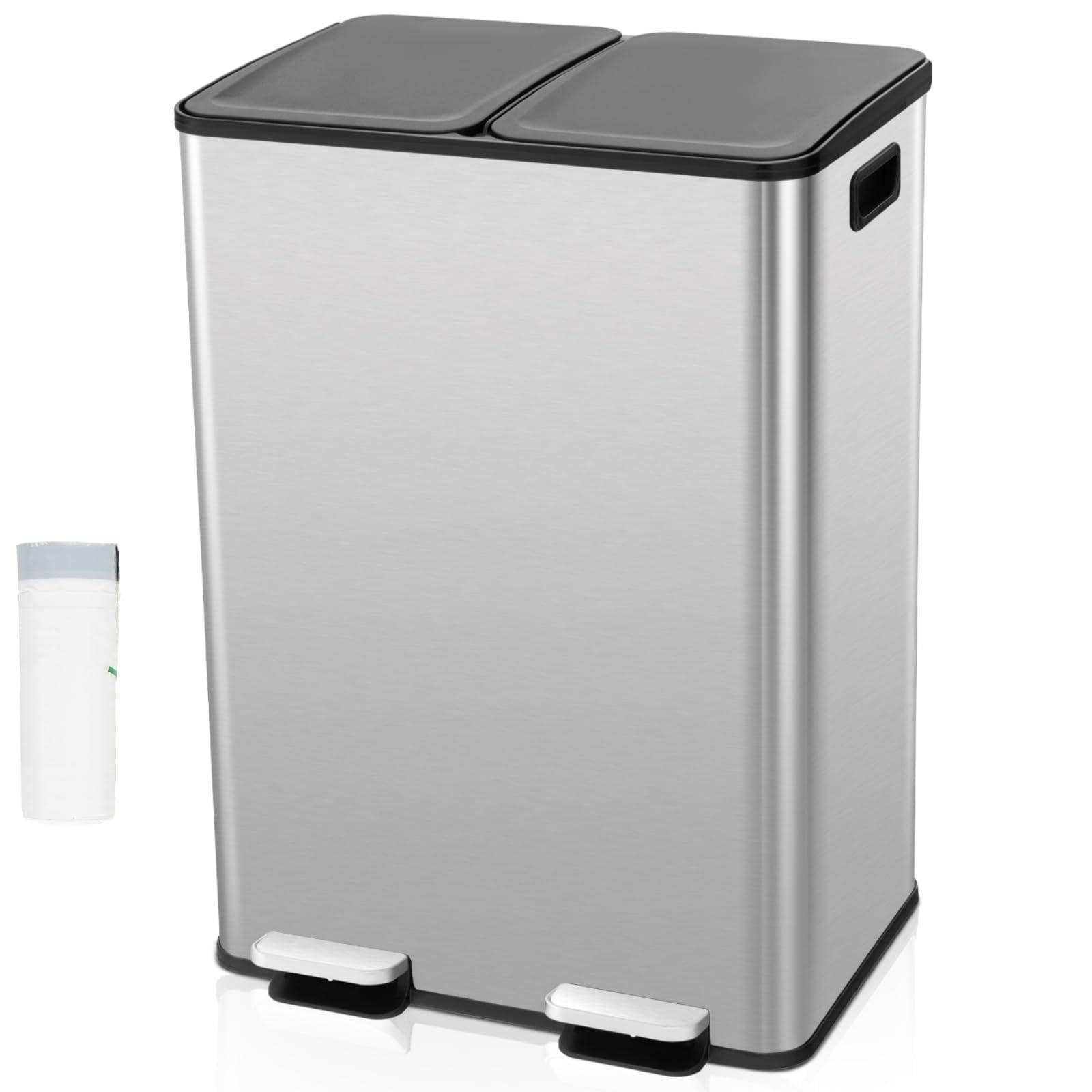 TANGZON 2x30L Recycling Pedal Bin, Double Kitchen Waste Bin with Plastic Inner Bucket, Soft Closure & Deodorant Boxes, Fingerprint Proof Airtight Stainless Steel Trash Can (Silver with Trash Bags)