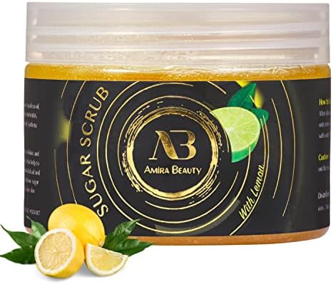 AB Amira Beauty Lemon Sugar Body Scrub - Moisturizing, Exfoliating Deep Skin Cleanser Reduces Acne, Cellulite, Dead Skin, Scars, and Wrinkles - Restores Hydration and Elasticity 14oz