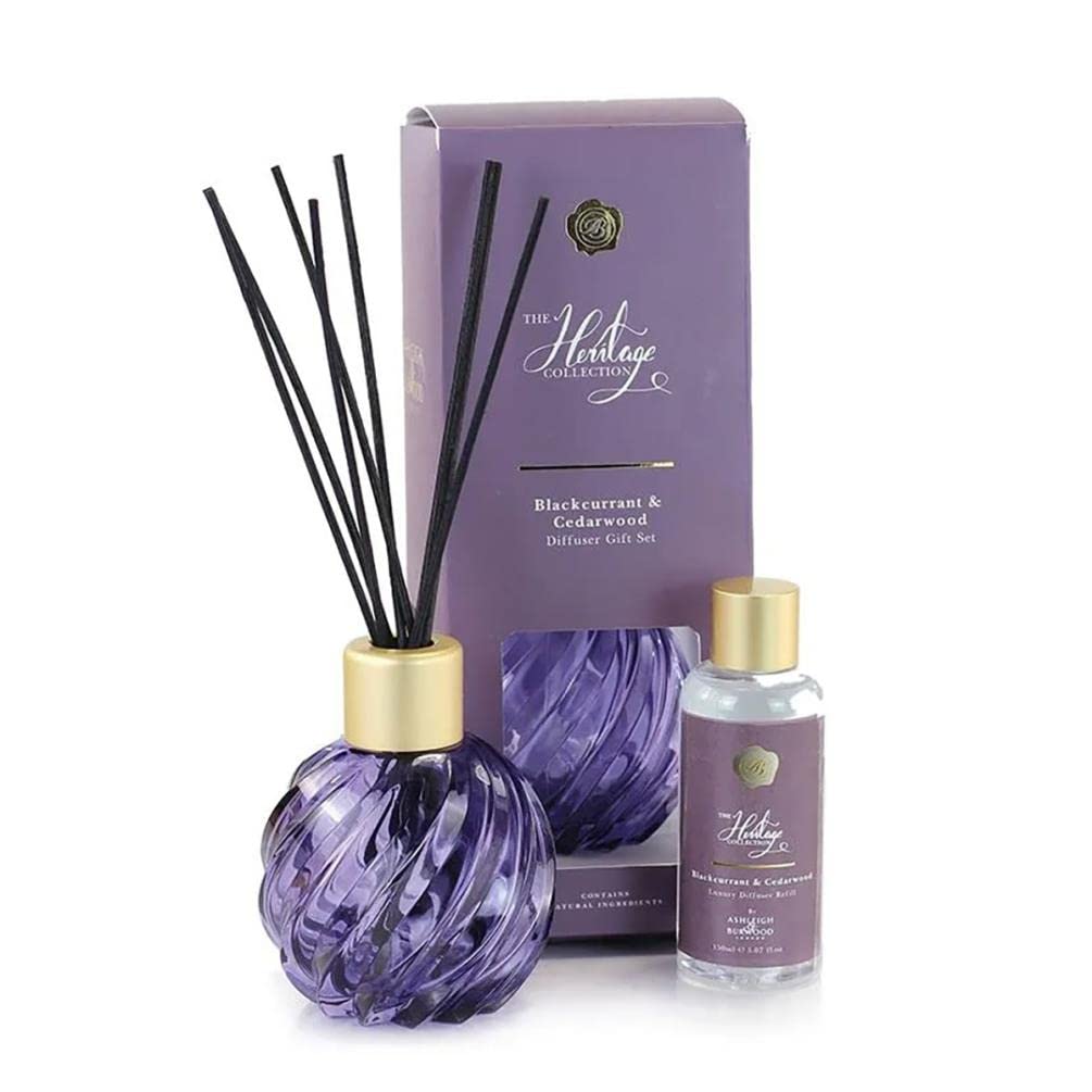 ASHLEIGH & BURWOOD Purple Swirling Jewel Reed Diffuser & Blackcurrant & Cedarwood Gift Set