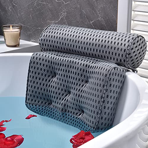 Bath Pillow Bathtub Pillow - Bath Pillows for Tub with Neck, Head, Shoulder and Back Support - 4D Air Mesh Spa Pillow for Bath - Extra Thick, Soft and Quick Dry | Gray