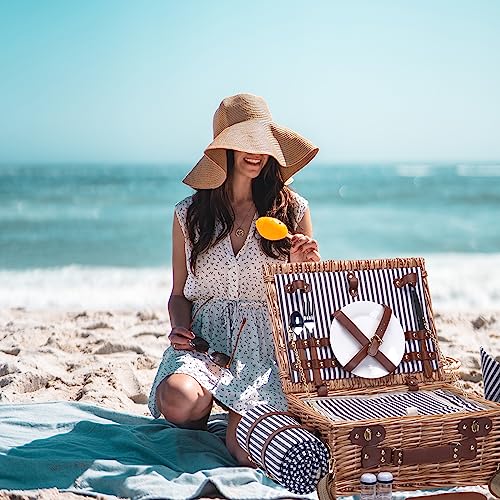 Picnic Basket with Blanket and Wine Pouch for 2 Wicker Picnic Set with Insulated Liner Cooler Bag Hamper for Camping,Wedding - Stripes