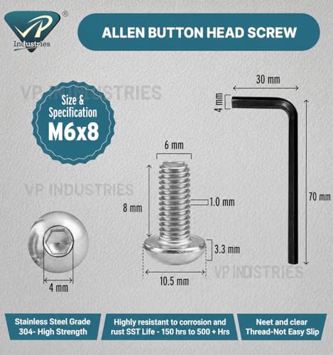 Image of By VP INDUSTRIES (Pcs-25) M6x8 mm Allen Button Head Cap Screw Stainless Steel | Round Mushroom Allen Head Bolt with Allen Key (1 Pc) for Furniture Assembly & DIY Applications
