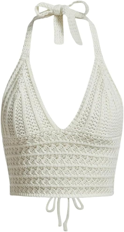 Women Lace Up Backless Crochet Crop Halter Top Y2k Slim Fit Sleeveless V Neck Self Tie Back Knit Crop Cami Top