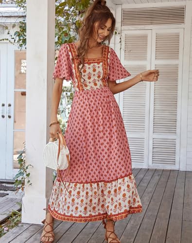 Image of Sister Amy Women's Boho Floral Print Square Neck Beach Party Flowy Ruffle Midi Dress
