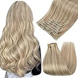 Ugeat 40cm Extension Echthaar Clips Blond 7Stück Haarverlängerungen mit Clips Gesträhnt Aschblond mit Bleichblond P18/613 Dicke Clip in Extensions Echthaar 100 Gramm Human Hair Clips